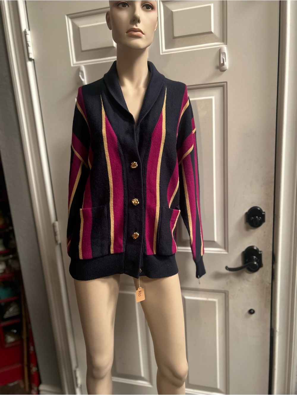 Vtg Lilli Ann Collections Women's Shawl Collar Cadigan Pink & Gold Stripes Sz 12